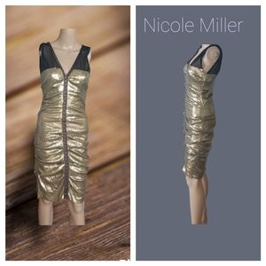 HP🎊 Nicole Miller 8 gold sequin mesh yolk backzip hook eye closure sparkly midi
